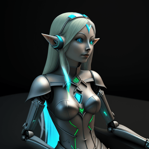 AI generated: Elf Galadriel dressed in a robot outfit in the dark and having a earphone, in the style of daz3d, an...