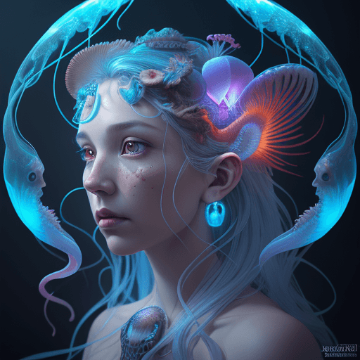 AI generated: Goddess close-up portrait ribcagel. jellyfish phoenix head, nautilus, orchid, skull, betta fish, bio...