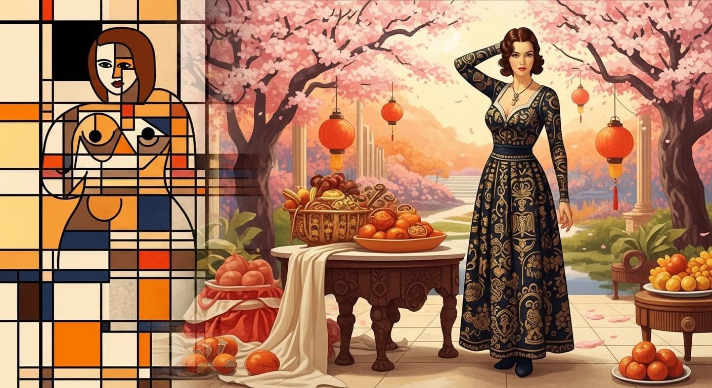 AI generated: Alvaro Castagnet + Herman Pekel + Renaissance feast culture, where Castagnet's aggressive pigment sa...