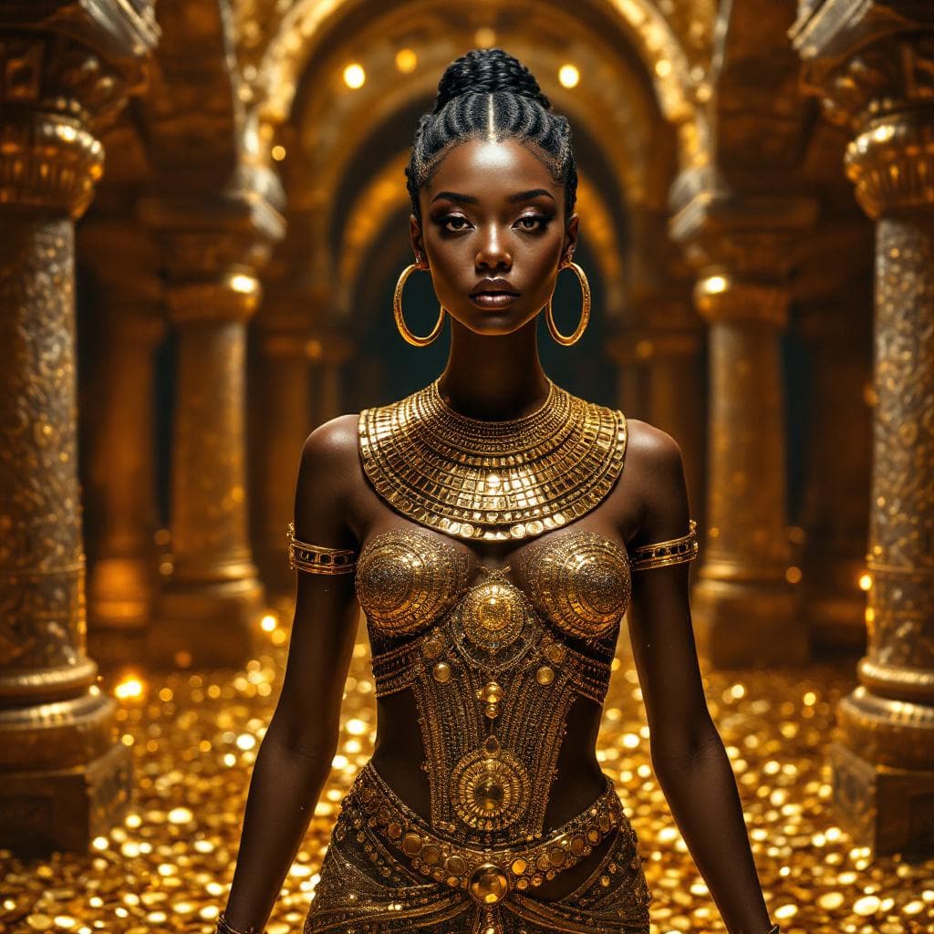 AI generated: A queen in an ancient underground castle, the castle is a cave with golden walls, the floor is made ...