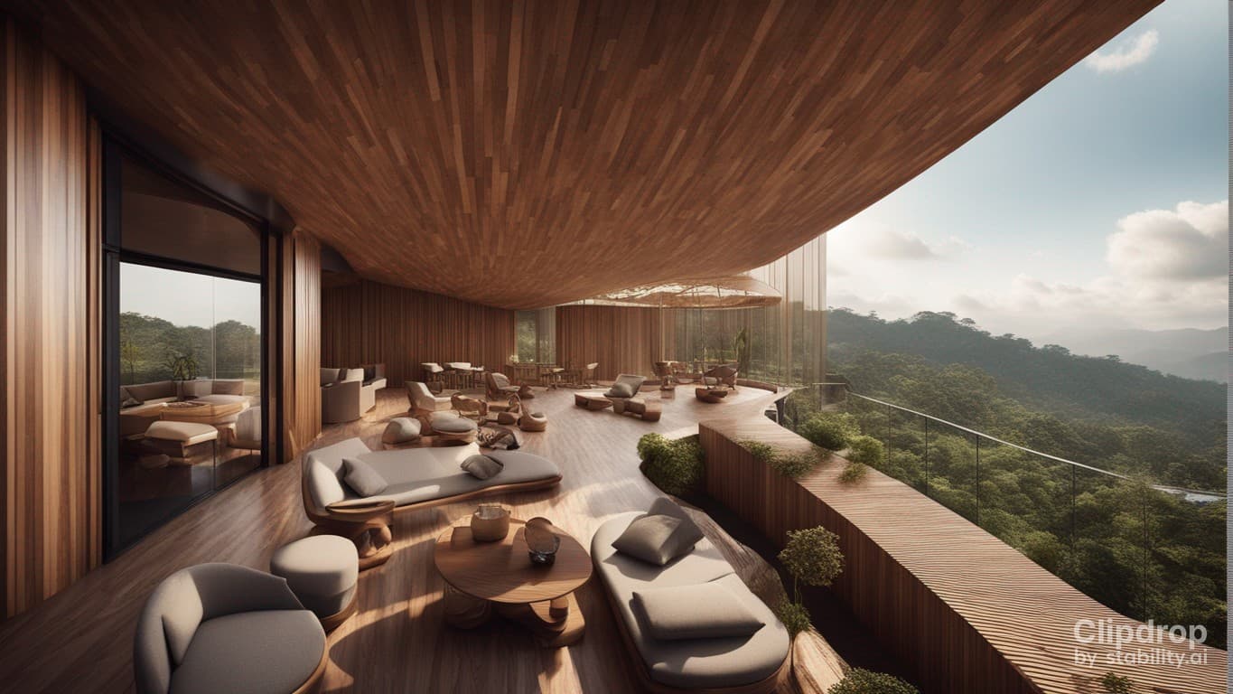 AI generated: a magnificent modern ecotourism site with a design of the peoples of Cameroon, swimming pools and be...