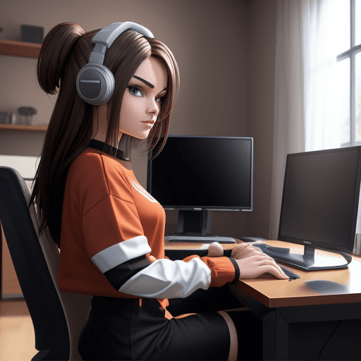 AI generated: roblox character sitting down on computer
 in a house, brown hair, aesthetic clothing


