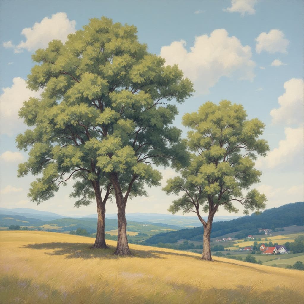 AI generated: Clyde Sbariledge's painting depicting two large trees upon the rolling hills of West Virginia, the s...