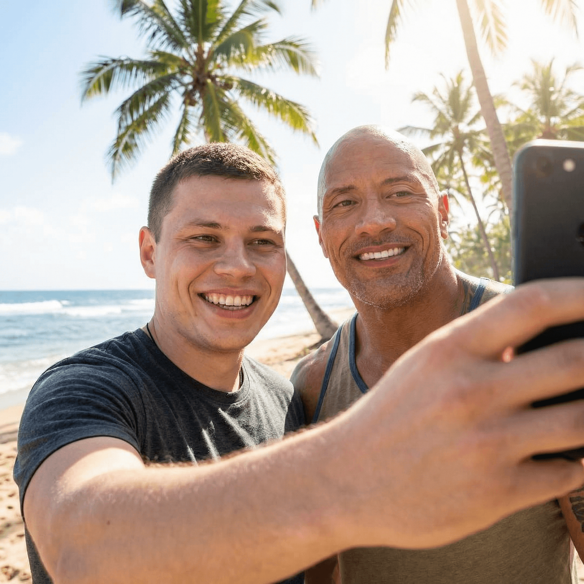AI generated: with Dwayne Johnson at a tropical beach, sunny day, both smiling