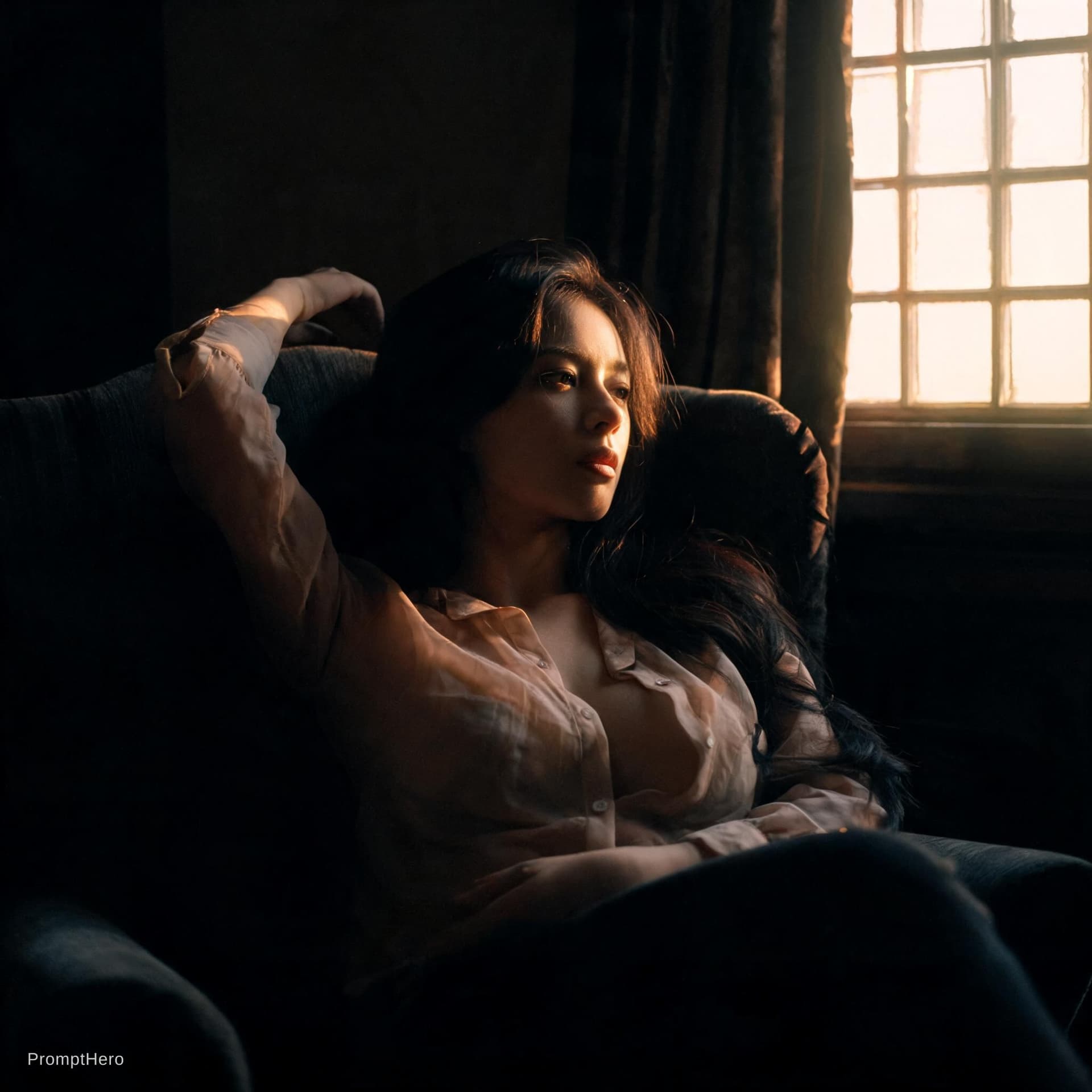 AI generated: A woman reclines in a dimly lit room, her body partially illuminated by soft, diffused light streami...