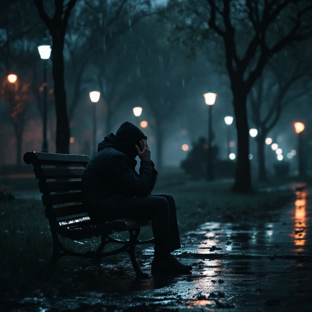 AI generated: Hombre triste y llorando sentado en una banca del parque en una noche lluviosa, que no tenga 3 piern...