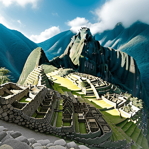 AI generated: paisaje como machu picchu donde haya casas y personas visitando