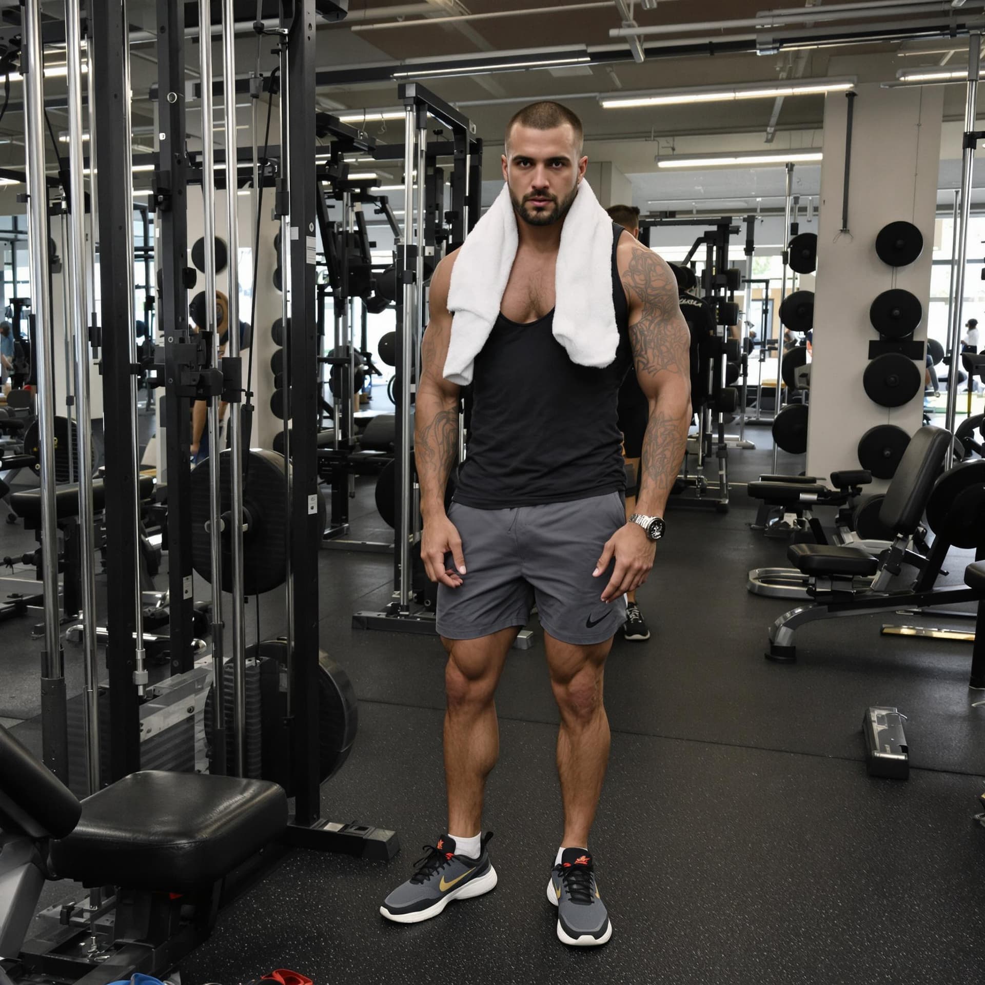AI generated: man at the gym with towel around neck, gym clothes and sneakers