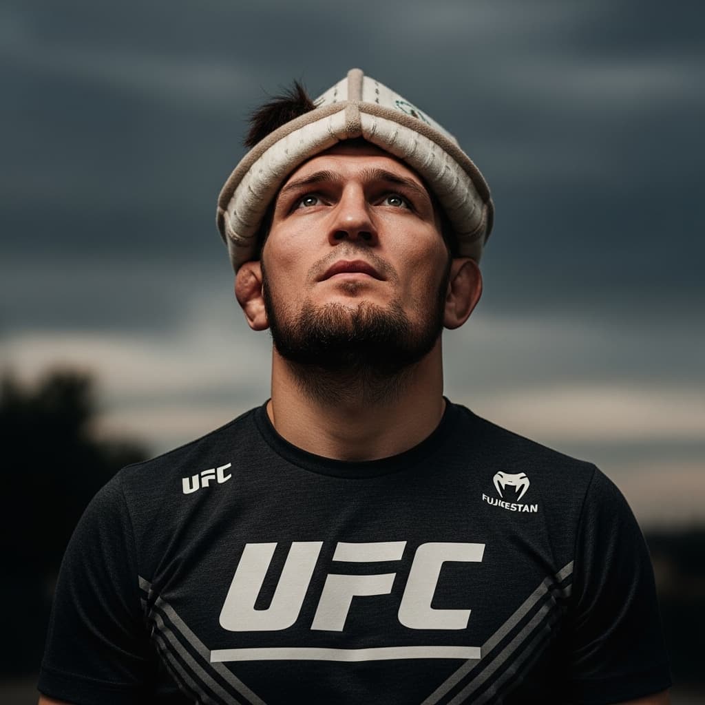 AI generated: Cinematic portrait of Khabib Nurmagomedov looking strate up at the sky faceing the camera , dramatic...
