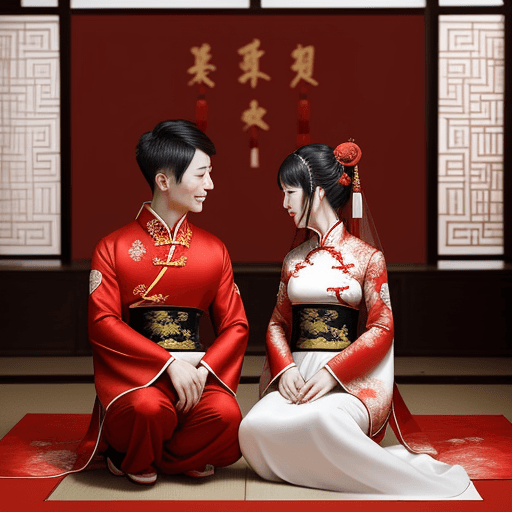 AI generated: Chinese style, a couple wedding in red Chinese hanfu, bowing to each other