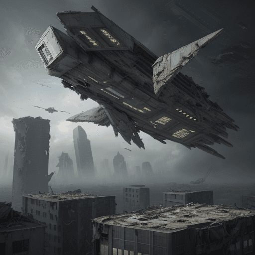 AI generated: Photo of a ultra realistic starship flying above wrecked buildings, grey dystopia