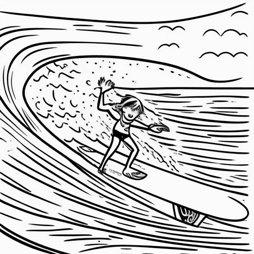 AI generated: coloring page, kawaii surfing, cartoon style, no background