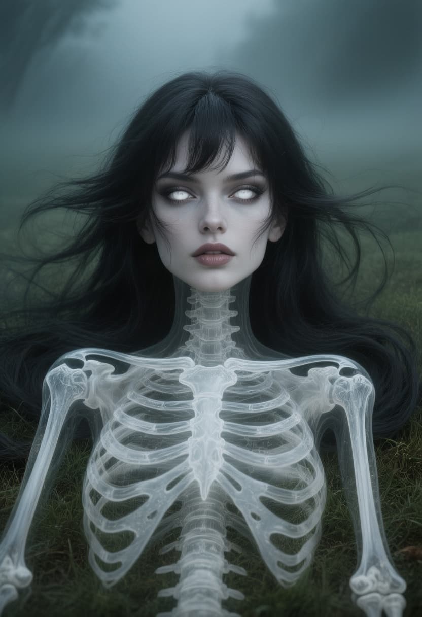 AI generated: create a full body portrait of a beautiful striking girl, laying on grass behind a dark foggy green ...