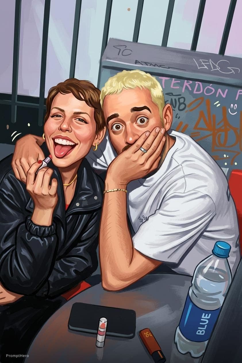 AI generated: funny caricature, adult man and woman (input Image), mid-30's, big cartoonish head, exaggerated cari...