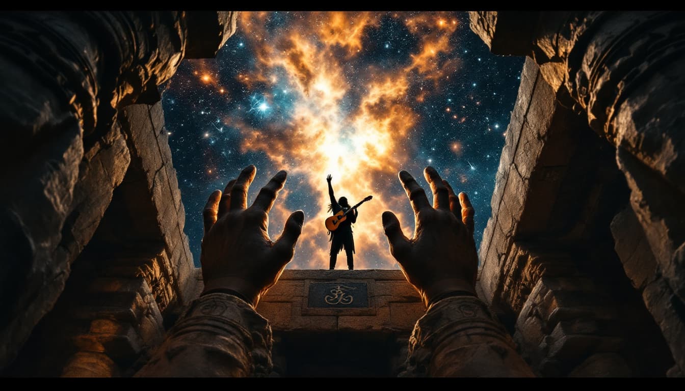 AI generated: The Sky Framed by Colossal Stone Hands (Low-Angle Shot – Deep Depth of Field)
The camera is placed b...