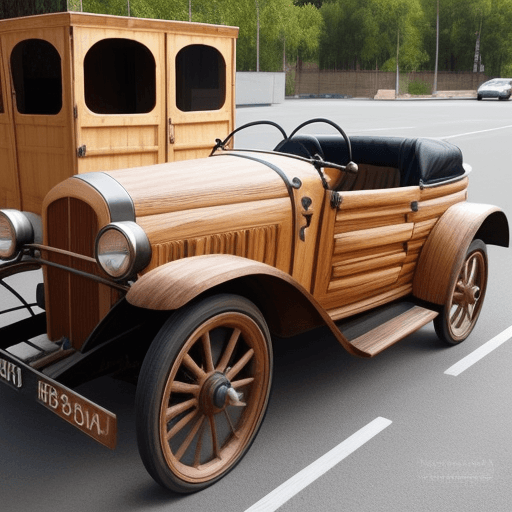 AI generated: Foto realista de un coche con ruedas de madera
