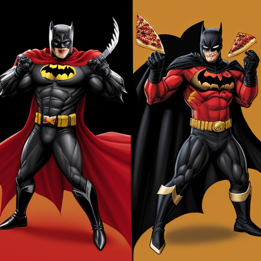 AI generated: a black batman with a  black power ranger helmet versus a pizza type wolverine character with a red ...