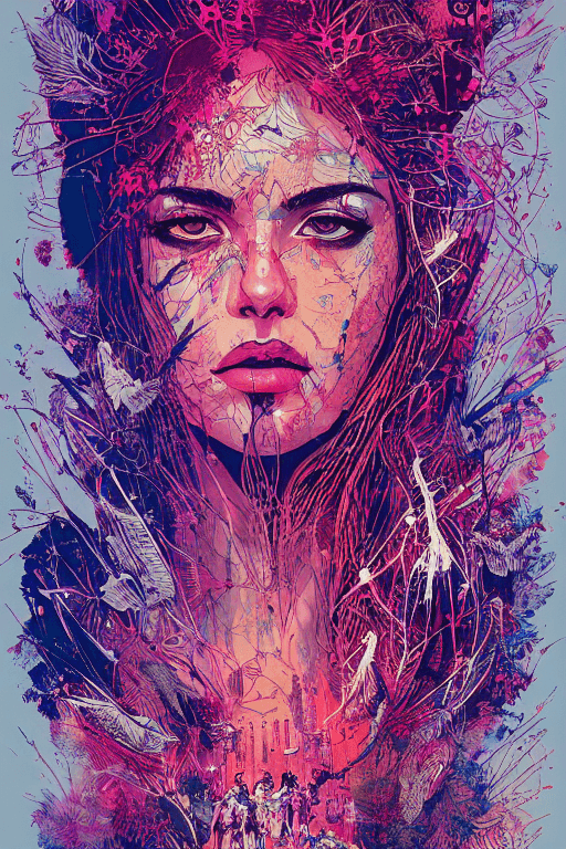 AI generated: poster of warrior princess| standing on hill |centered| key visual| intricate| highly detailed| brea...