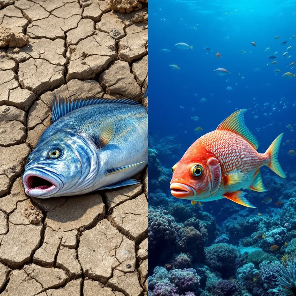 AI generated: "Split image: On the left, a fish struggling out of water, gasping for air, lying on a dry, cracked ...