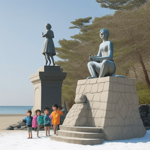 AI generated: children's camp on the seashore with a statue of a snow leopard
