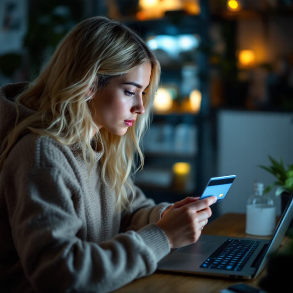 AI generated: A young, blonde,  hacker enters credit card details while holding it on an online shopping site, usi...