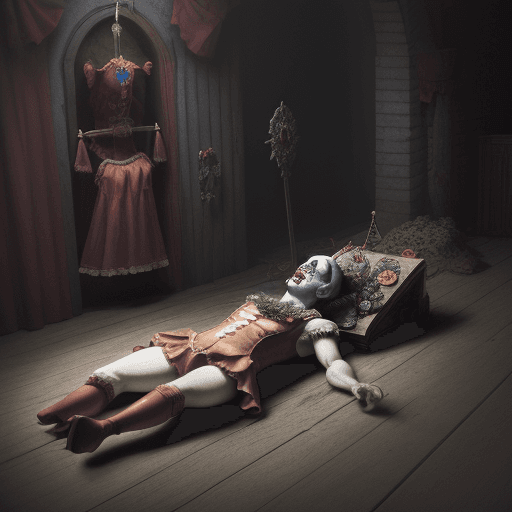 AI generated: show mi really great picture for dungeon synth project where is dead clown lying on the floor in a b...