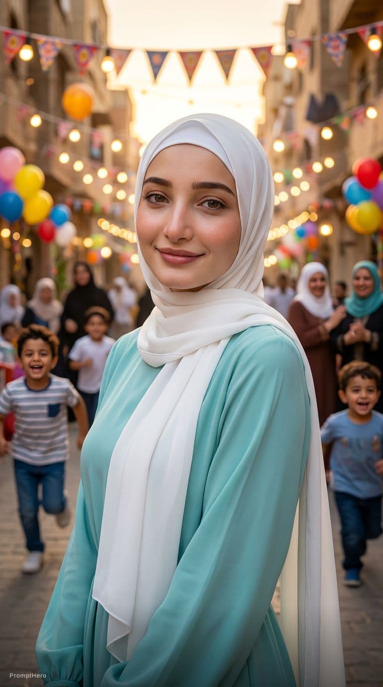 AI generated: A stunning 8K cinematic close-up portrait of a modest Egyptian girl standing in a lively street duri...