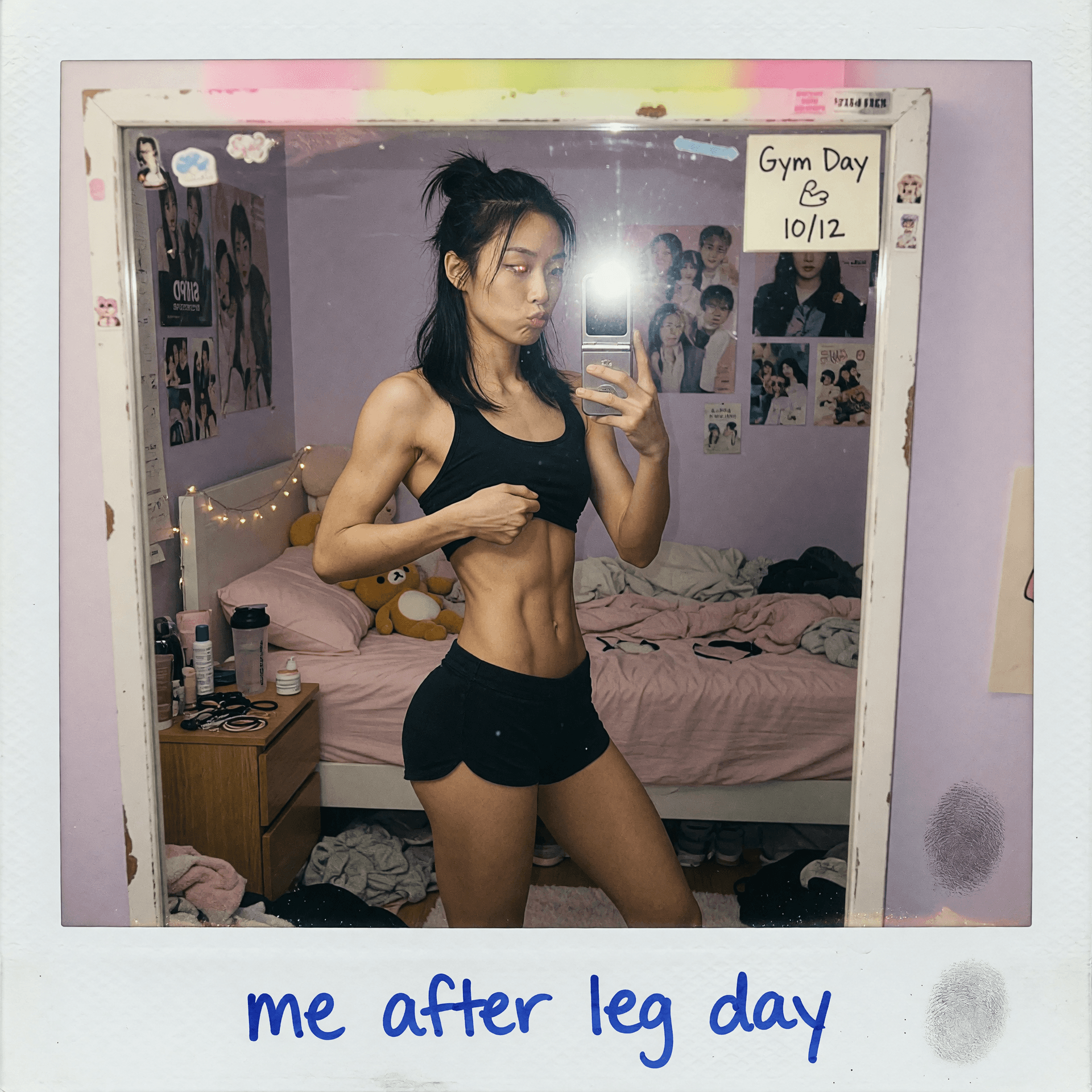 AI generated: Bedroom, mirror phone selfie, asian girl, slim waist, big wide hips, skinny, slim, very muscular, ab...