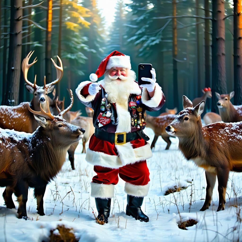 AI generated: In the winter forest, there is an field with many forest animals standing on it. Animated Santa Clau...