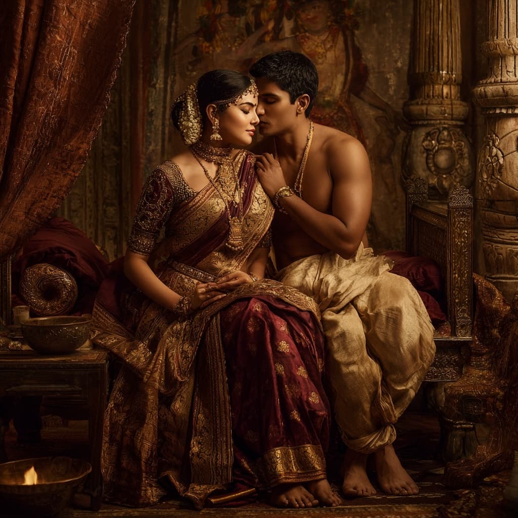 AI generated: Hyperrealistic cinematic scene of a breathtakingly voluptuous Indian queen from the Chola dynasty, s...