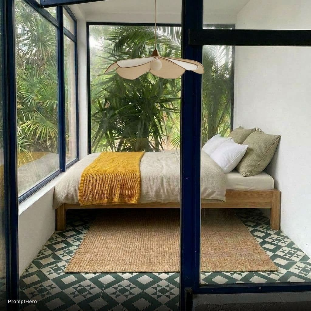AI generated: Add this lamp hanging over the bed in the centre of the room but small and in dimension. to what wou...