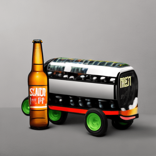 AI generated: One horizontal beer bottle that looks like a bus on wheels