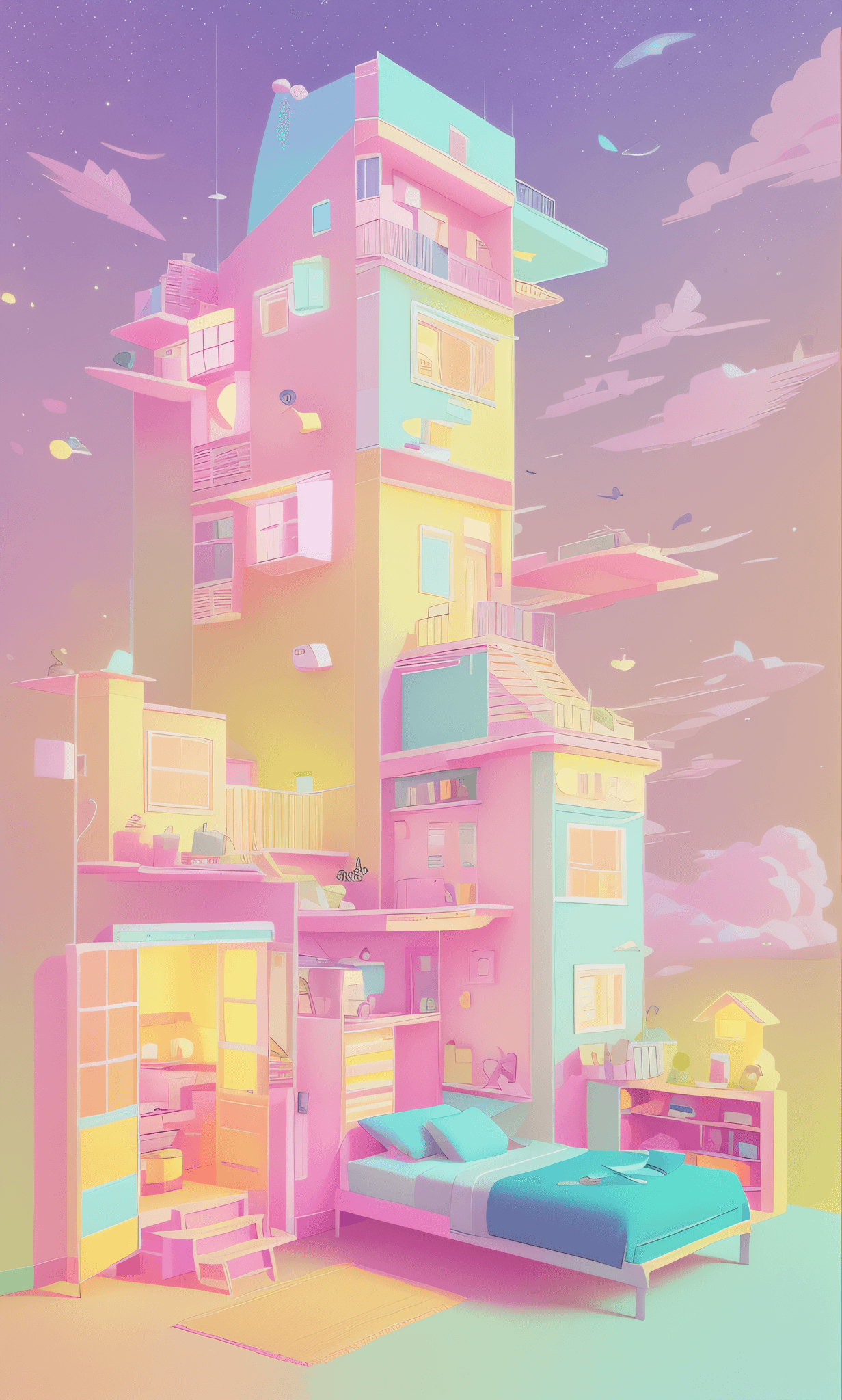 AI generated: brightly colored illustration of a bedroom with a bed and a balcony, colorful flat surreal, colorful...
