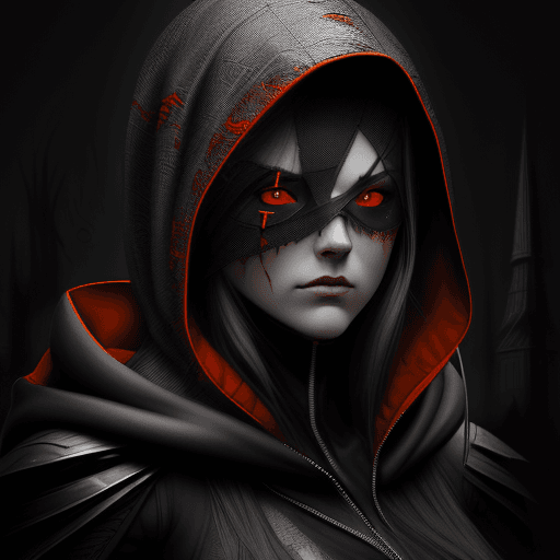 AI generated: a woman with red eyes in a hood, in the style of detailed penciling, raphael lacoste, dark silver an...