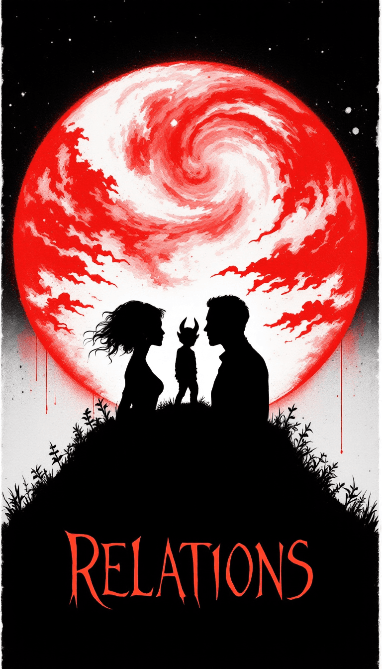 AI generated: A black silhouette of a Woman, man and in the middle a devil in a red sun shaped world,typography ‘R...