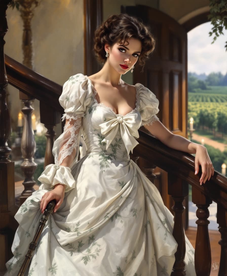 AI generated: A stylized painting in the style of John Singer Sargent, depicting Scarlett O'Hara descending a stai...