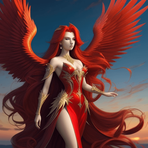 AI generated: heavenly beautiful royal Phoenix woman with long red windblown hair and scale wings,