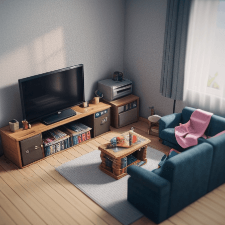 AI generated: Detailed isometric living room, unreal engine voxel render, video games, very cozy, nostalgia, boy i...
