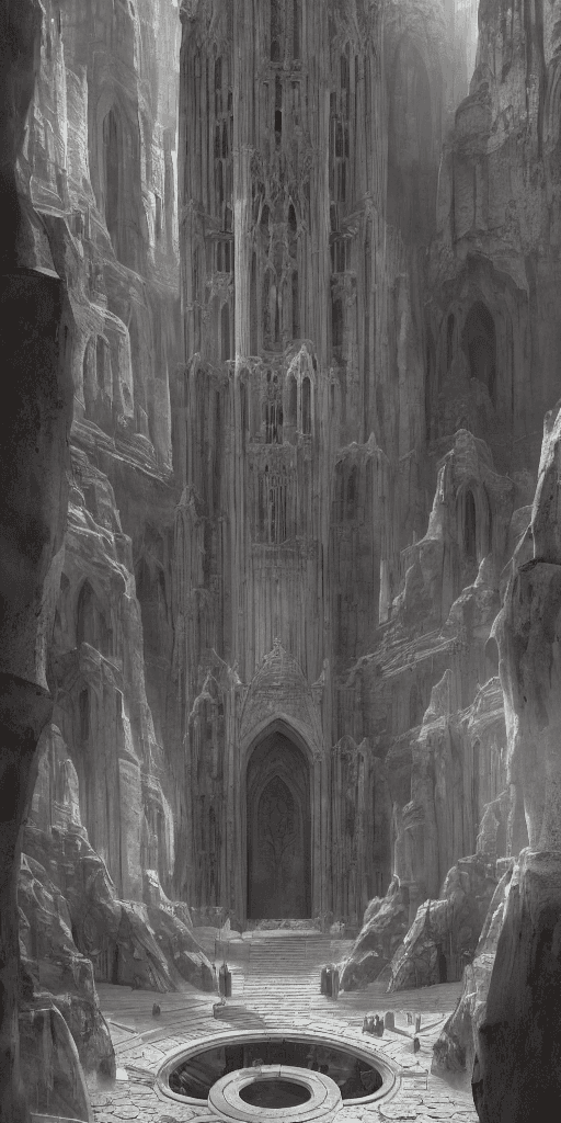 AI generated: stunning city of stone inside a gray marble canyon, fusion of star wars and gothic revival architect...