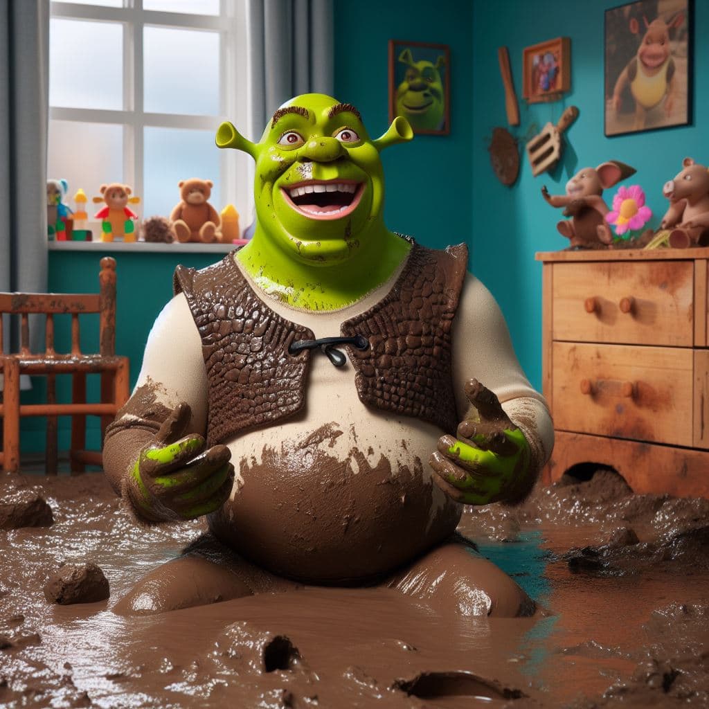 AI generated: Shrek having a great time rolling around in the mud in his stained room, playing, realistic.