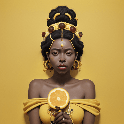 AI generated: Create a nft of"every second of social media " on a yellow wall with fruit on her head, in the style...