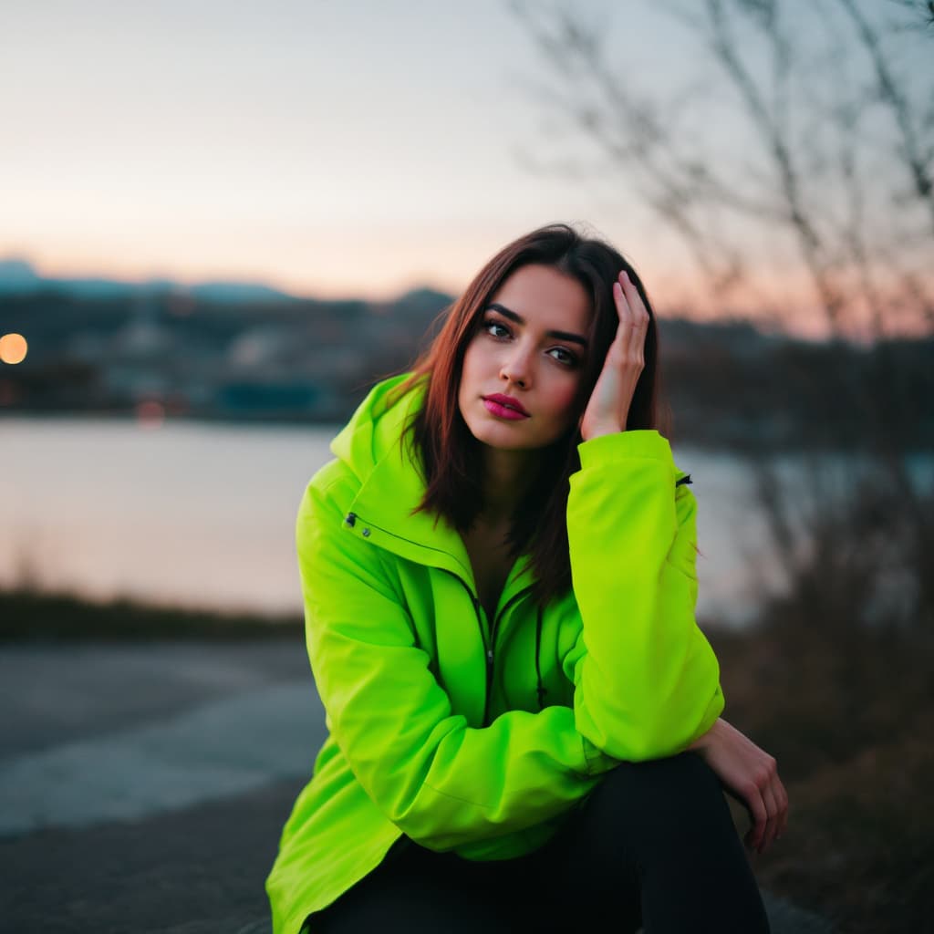 AI generated: A woman sitting outdoors near water at dusk, wearing a bright neon green jacket and black leggings. ...