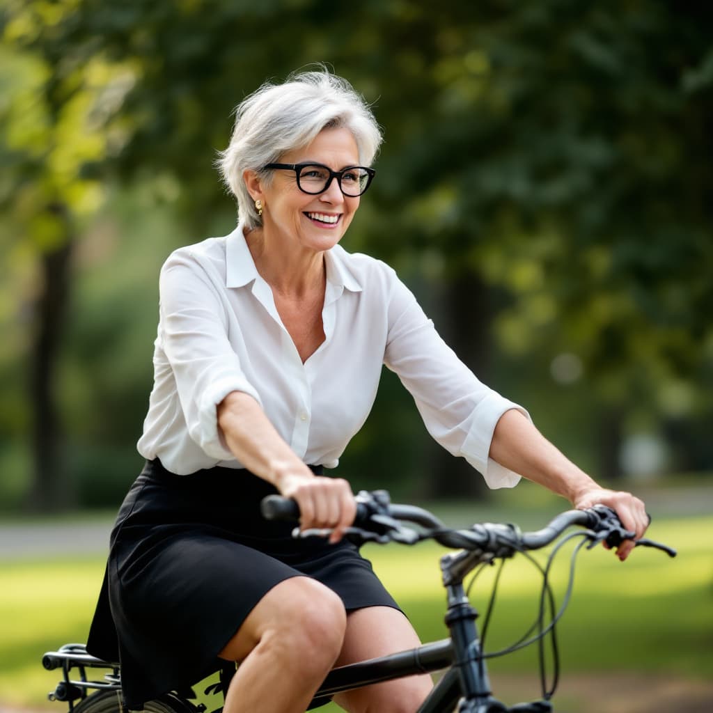 AI generated:  a  mature woman. She is riding her bicycle through the grounds of Hall. She is wearing a thin white...