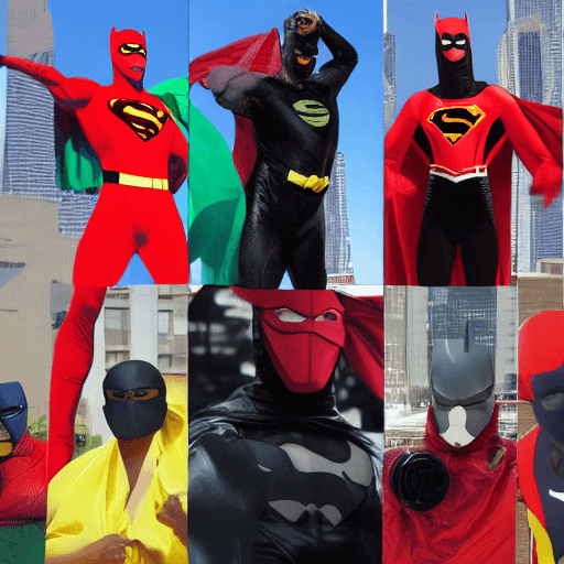 AI generated: 5 black man in different superhero costumes, one in a red and blue  superman suit superhero,the othe...