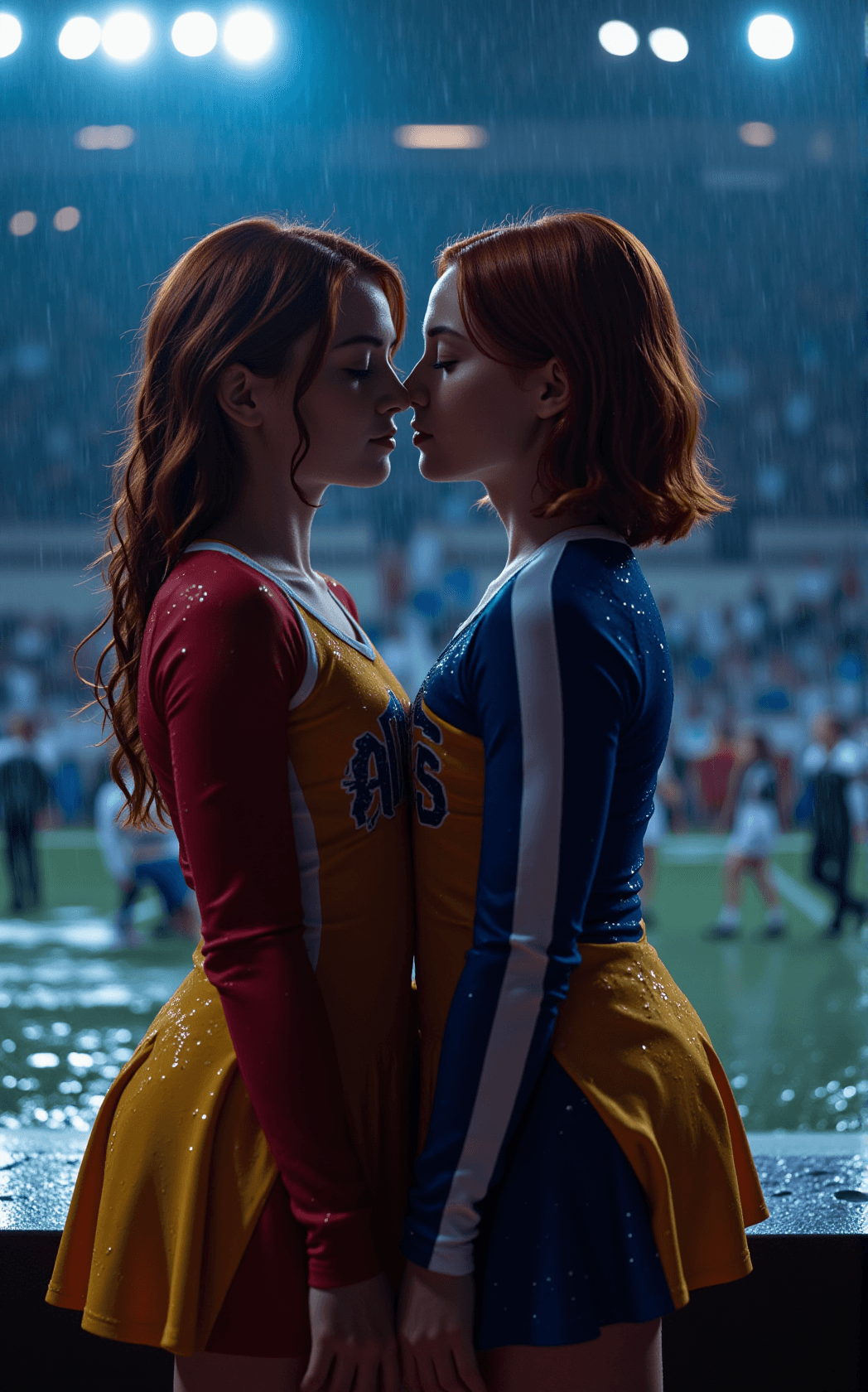 AI generated: In a softly lit, rain-kissed stadium, a gentle drizzle glistens on the wet surface of the sports fie...
