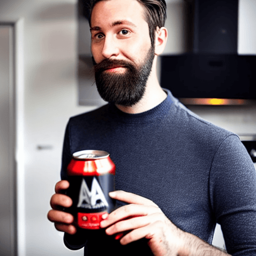 AI generated: A image of a man in his early 30s holding a branded energy drink can named Aidan. The man has a well...
