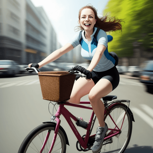 AI generated: picture ultra realistic woman riding a bike, happy, beautiful photo, smart composition