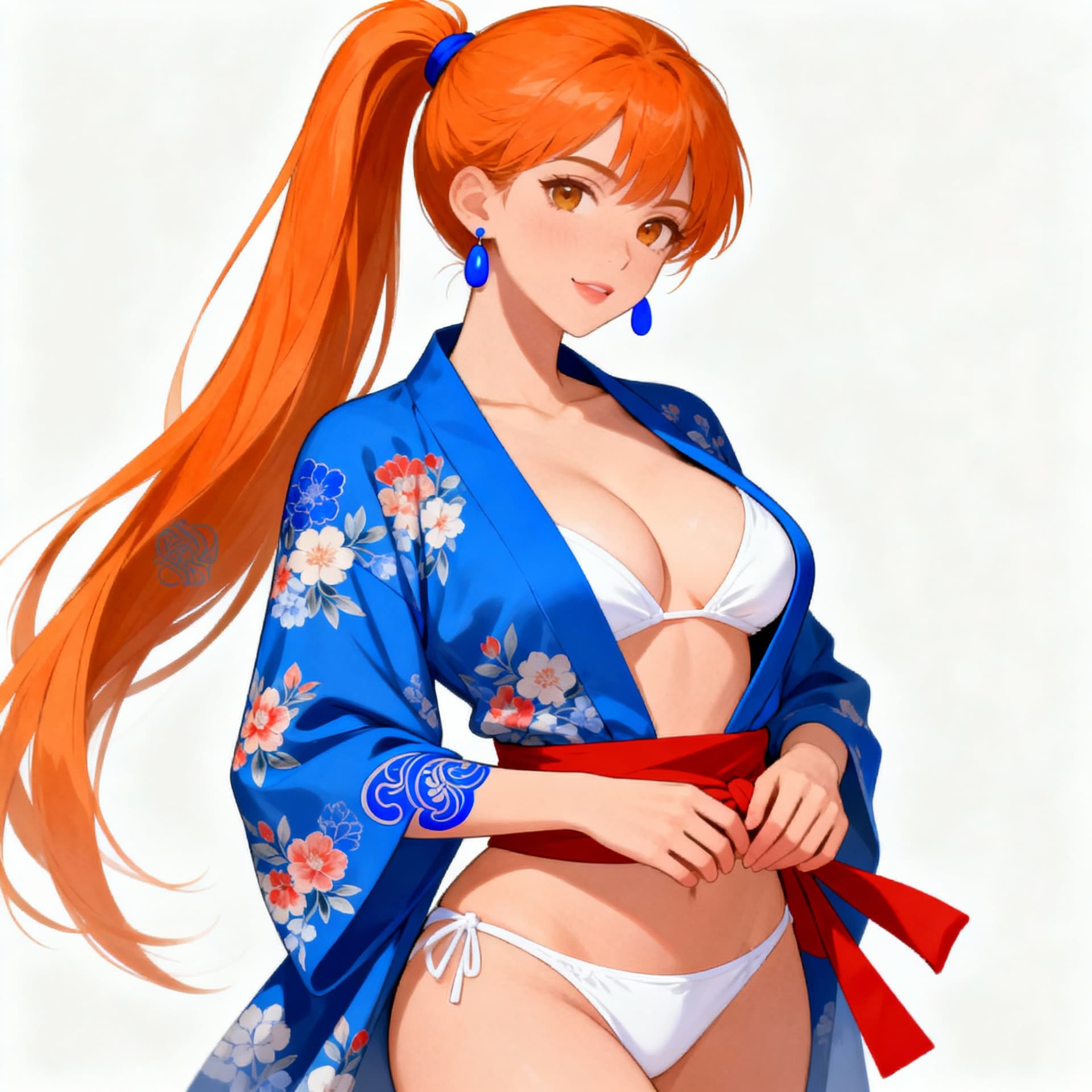 AI generated:  in a suggestive pose. She has fair skin, long orange hair tied in a ponytail, and a confident expre...