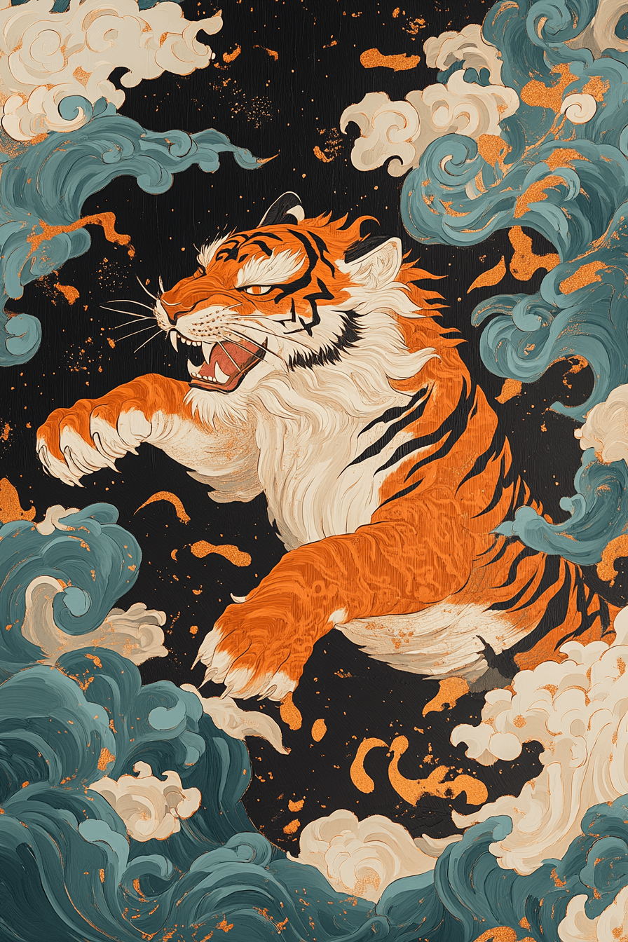 AI generated: A Maki-e lacquer artwork of a tiger, depicted with intricate gold and silver lines, surrounded by fl...
