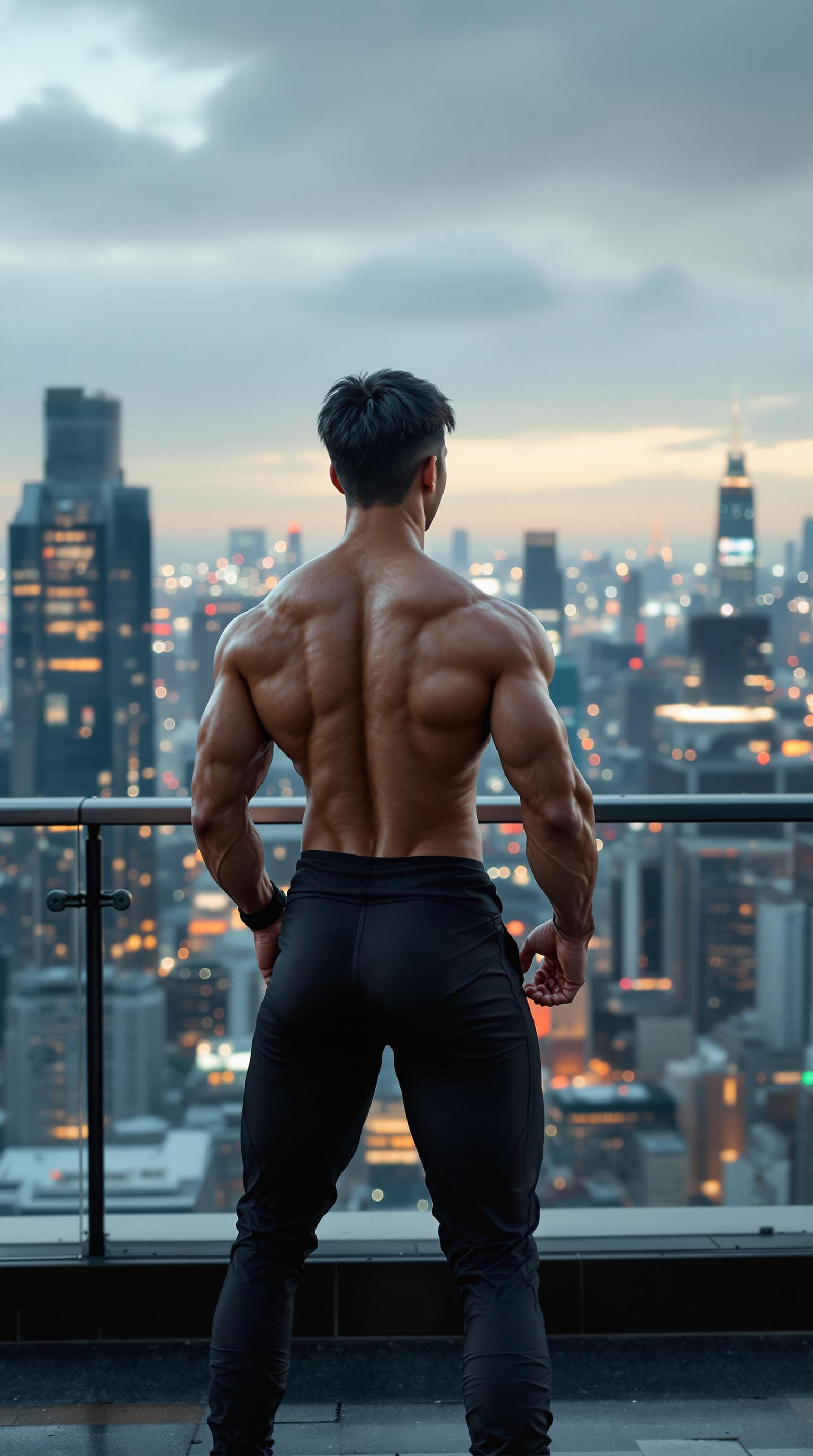 AI generated: a young, ultra-muscular Asian bodybuilder in his 20s, standing shirtless on a high-rise rooftop afte...